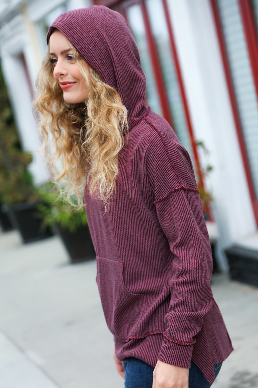 A New Day Burgundy Mineral Wash Rib Knit Hoodie - Southern Belles & Company Boutique