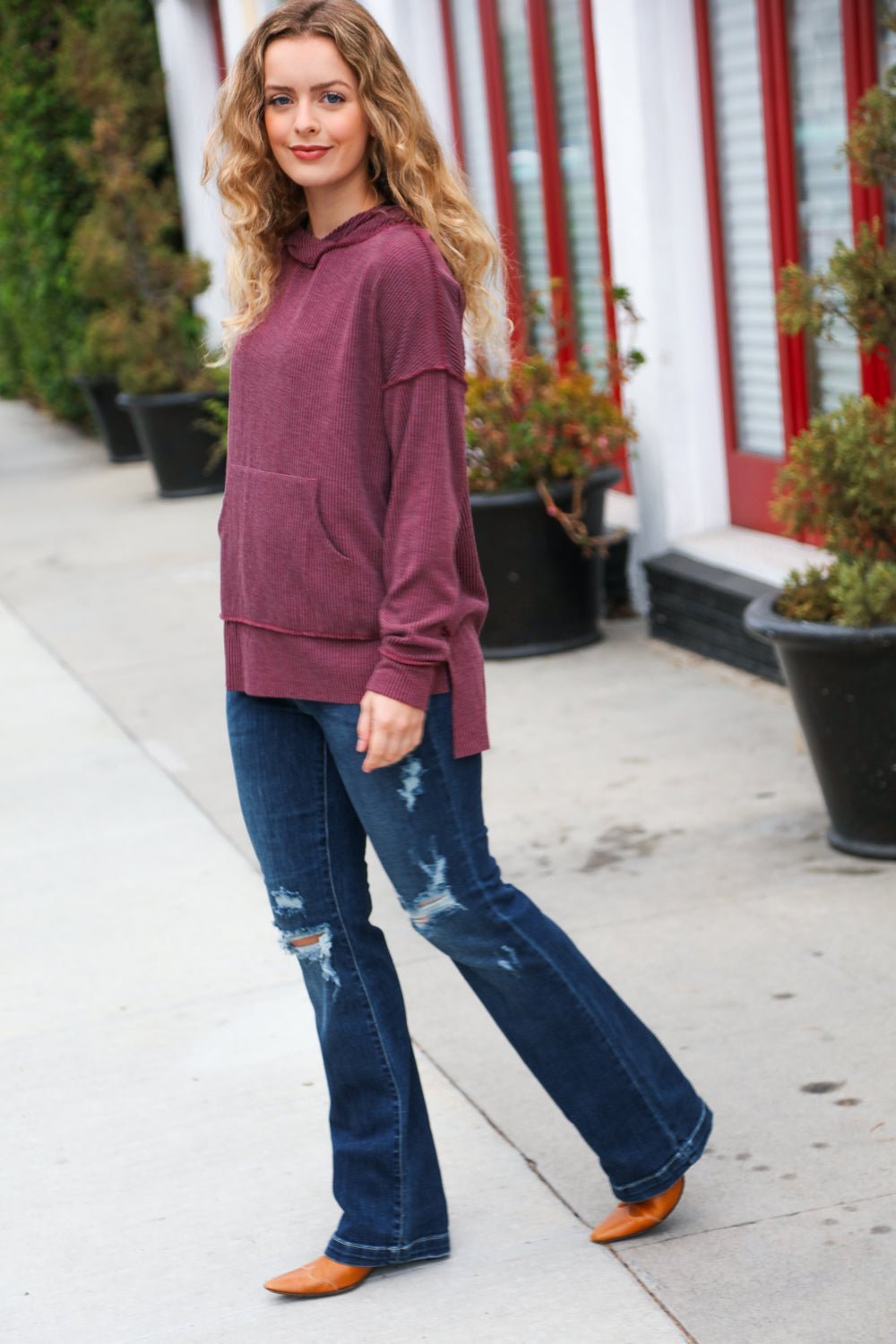 A New Day Burgundy Mineral Wash Rib Knit Hoodie - Southern Belles & Company Boutique