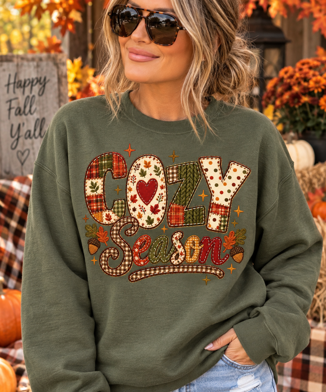 Cozy Season Patchwork Printed - Graphic Sweatshirt/Tee