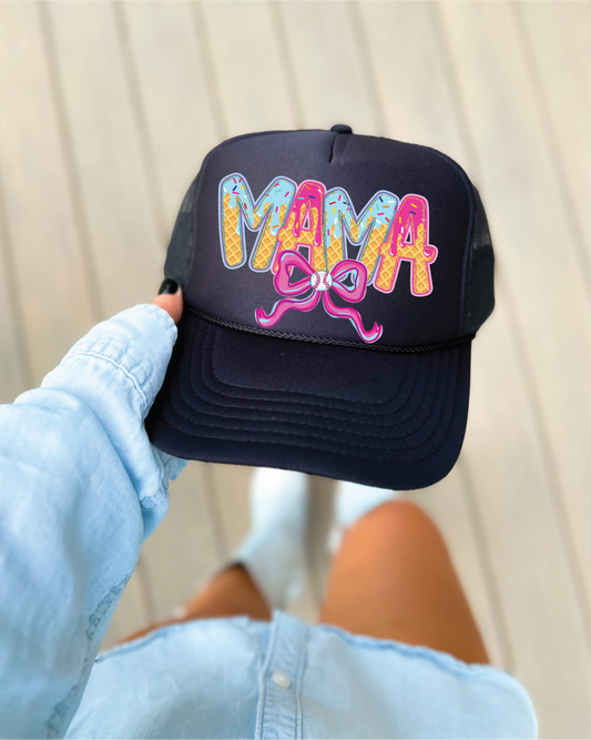 Baseball Mama Icecream DTF Printed Black Trucker Hat