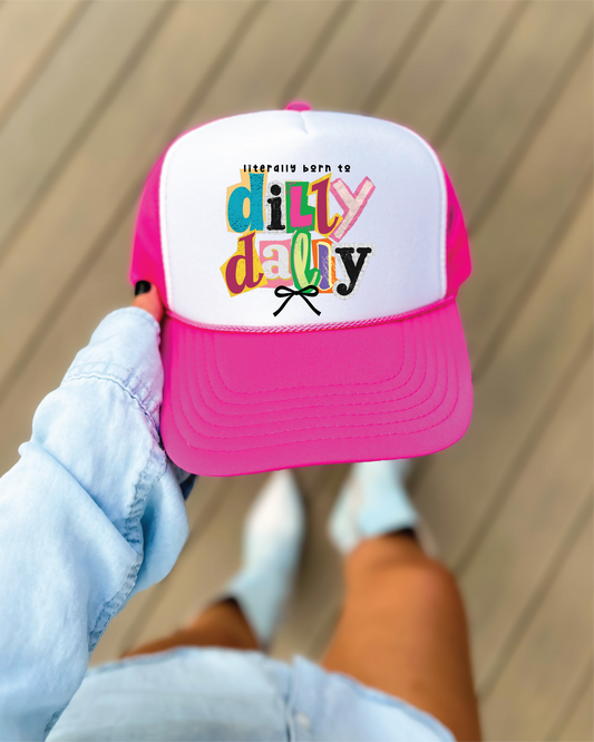 Dilly Dally DTF Printed Hot Pink and White Trucker Hat