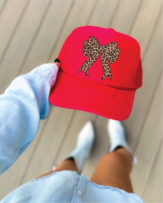 LEOPARD BOW on Red Foam Trucker Hat