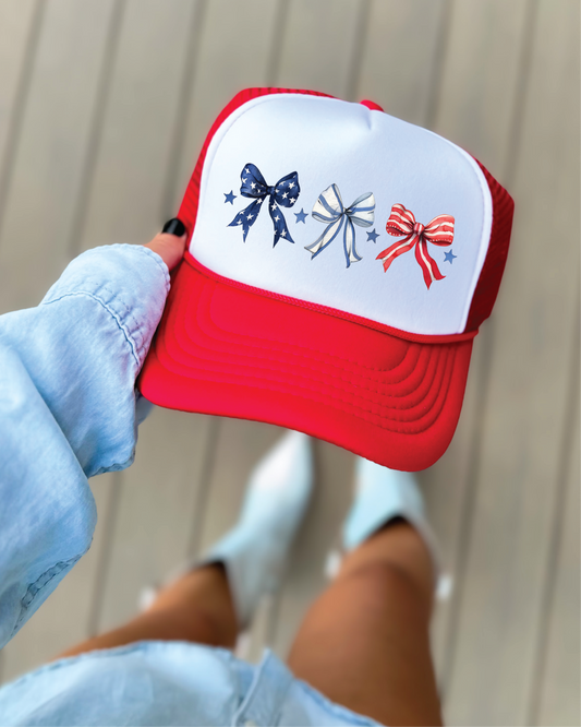 USA Bows DTF Printed Red And WhiteTrucker Hat