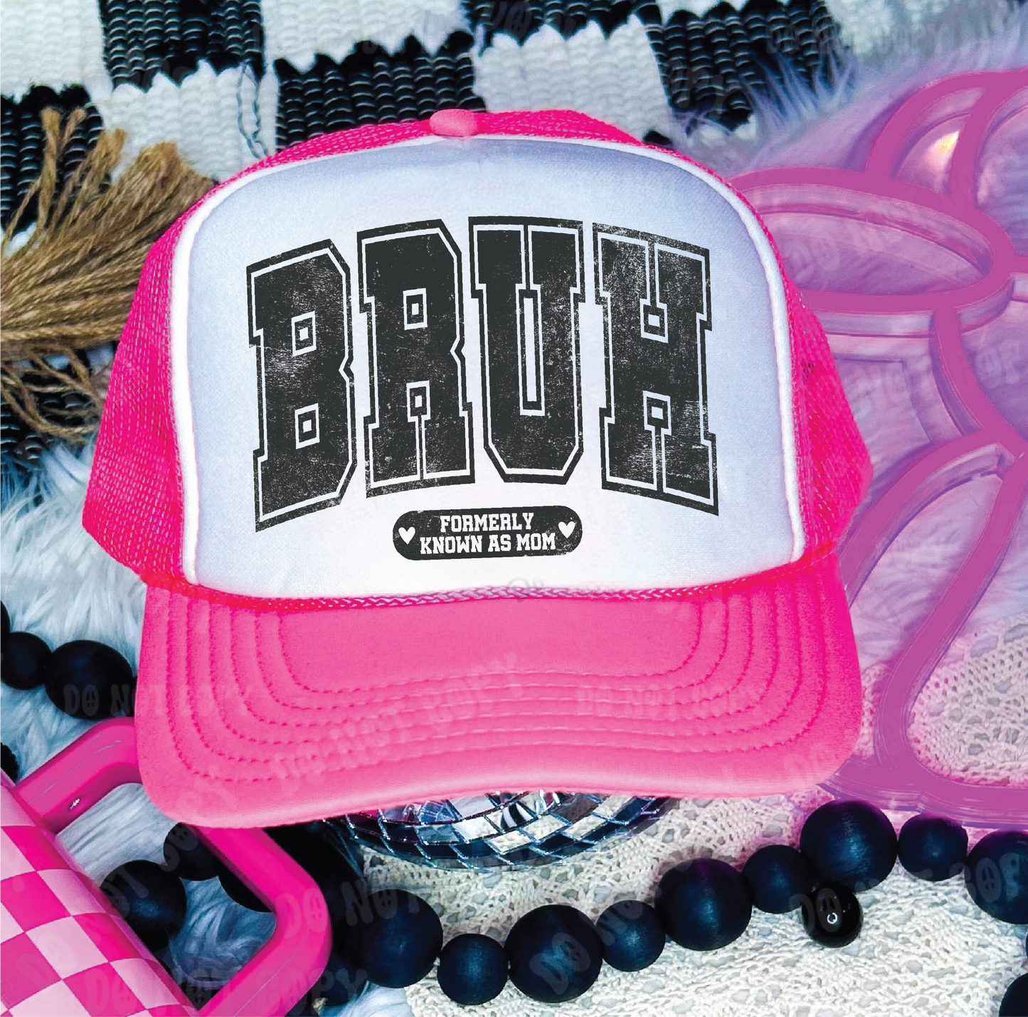 BRUH, Formerly Known as Mom DTF Printed Neon Pink & White Trucker Hat