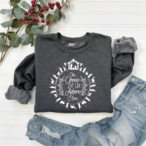 OH COME LET US ADORE HIM ON DARK HEATHER GREY