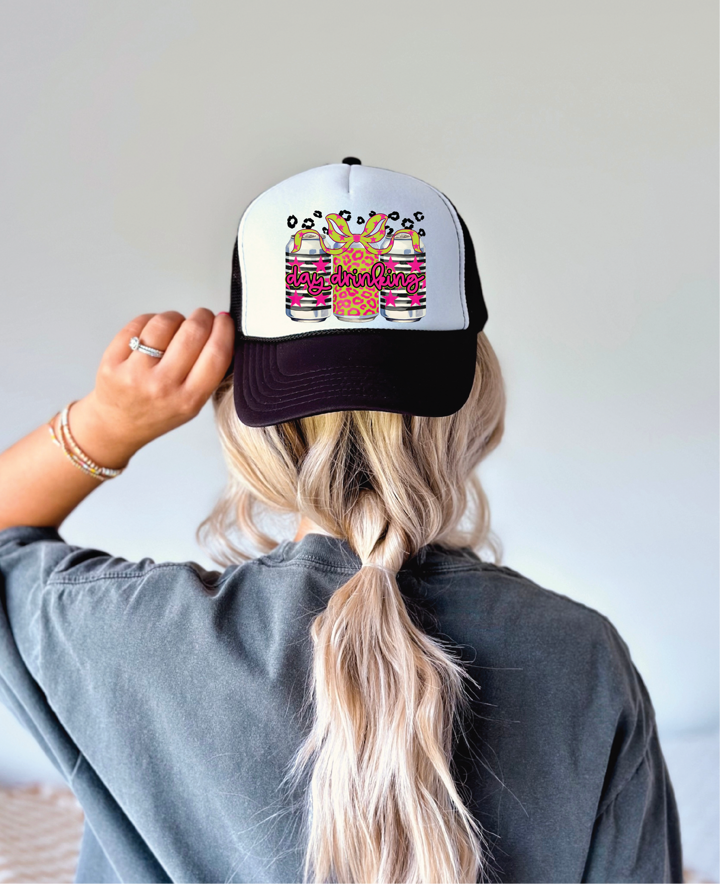 Day Drinkin Leopard DTF Printed Black and White Trucker Hat