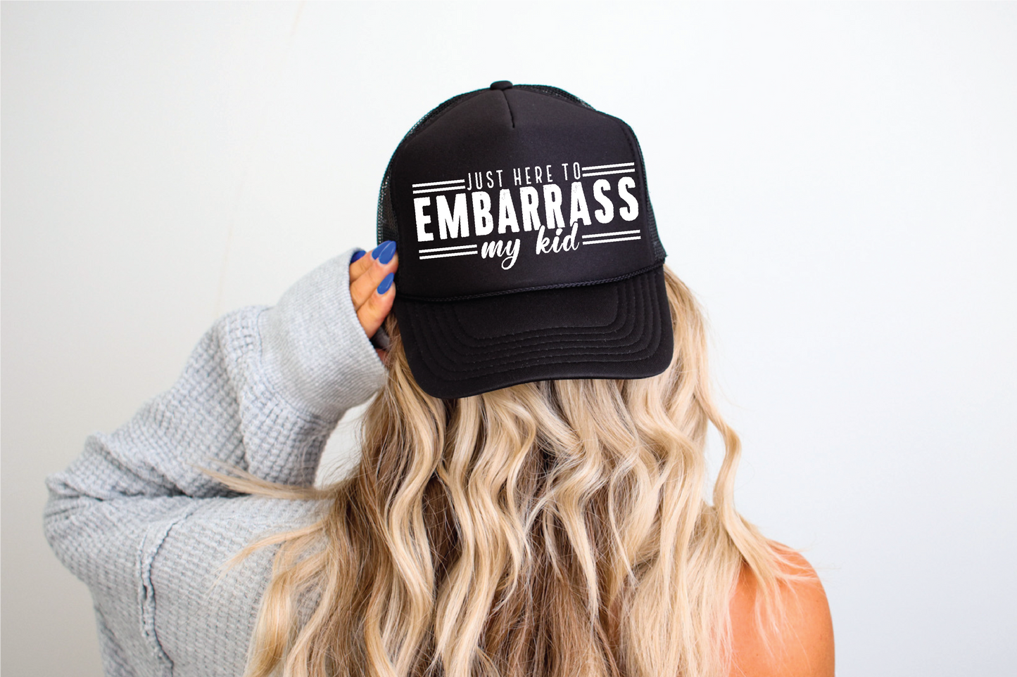 Embarrass My Kids DTF Printed Black Trucker Hat