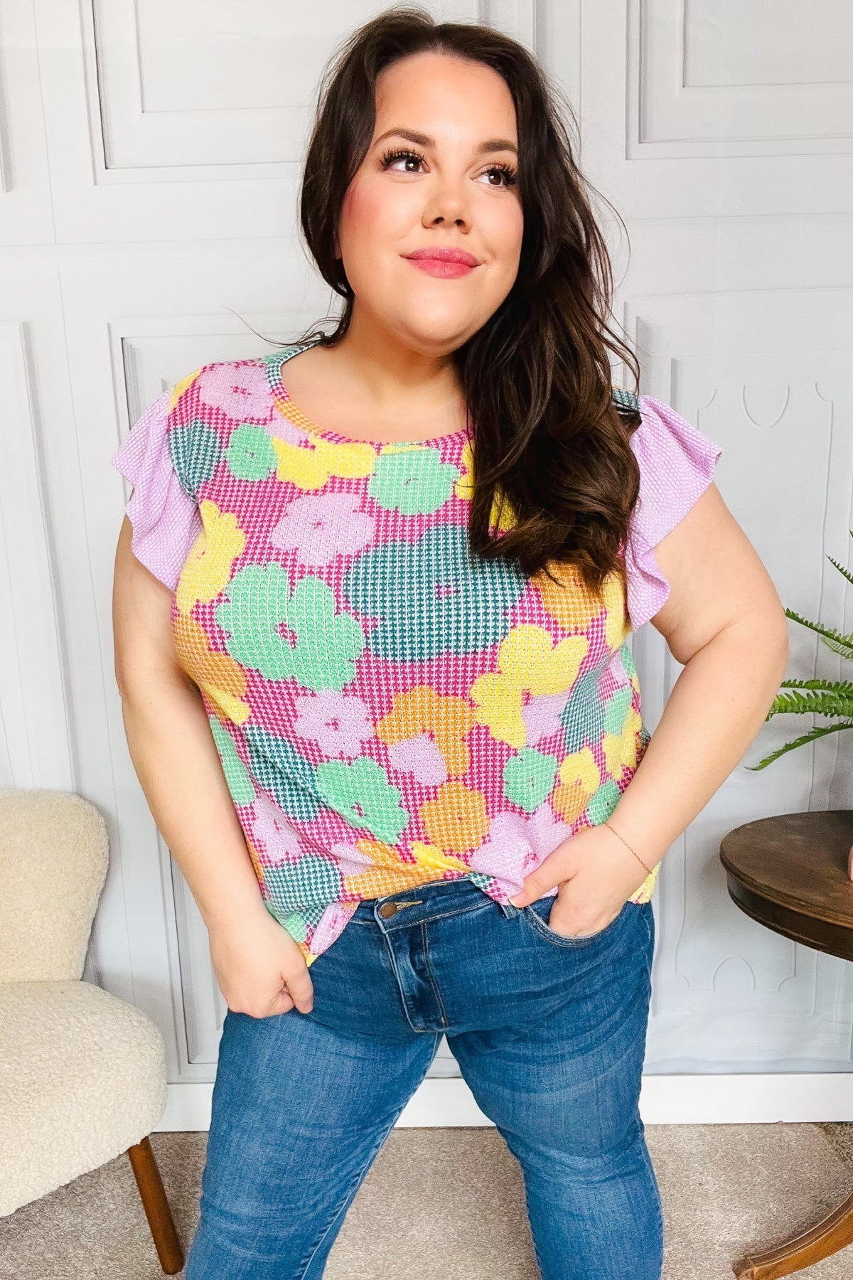 Feeling Playful Fuchsia Floral Textured Ruffle Sleeve Top - Southern Belles & Company Boutique