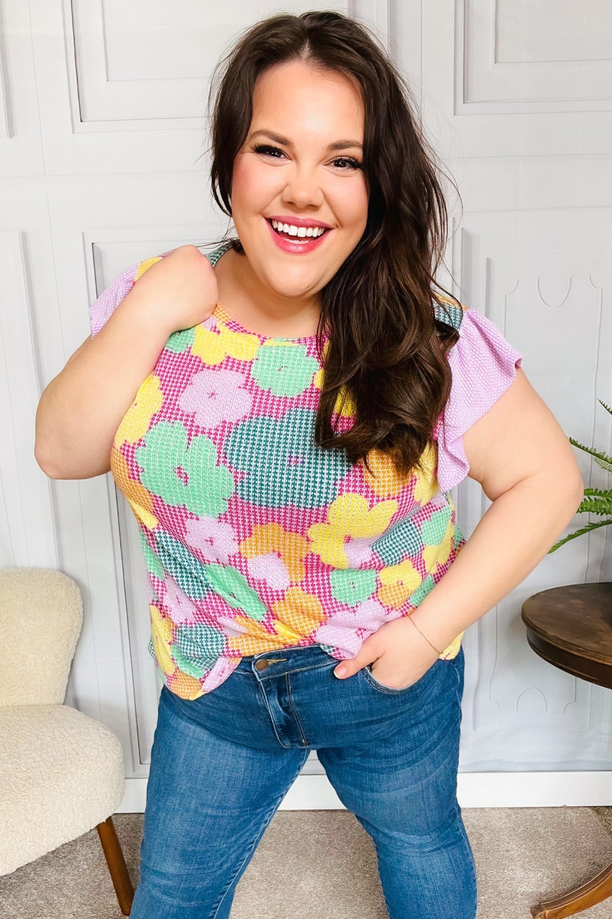 Feeling Playful Fuchsia Floral Textured Ruffle Sleeve Top - Southern Belles & Company Boutique