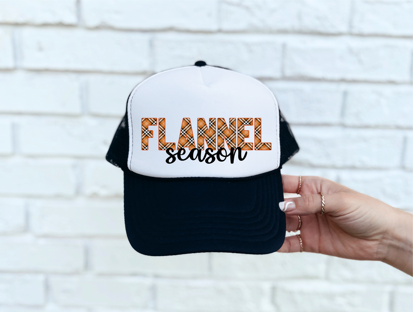 Flannel Season DTF Printed Black & White Trucker Hat