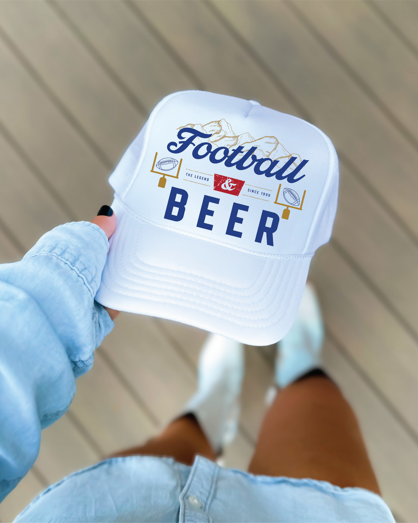 Football and Beer DTF Printed White Trucker Hat