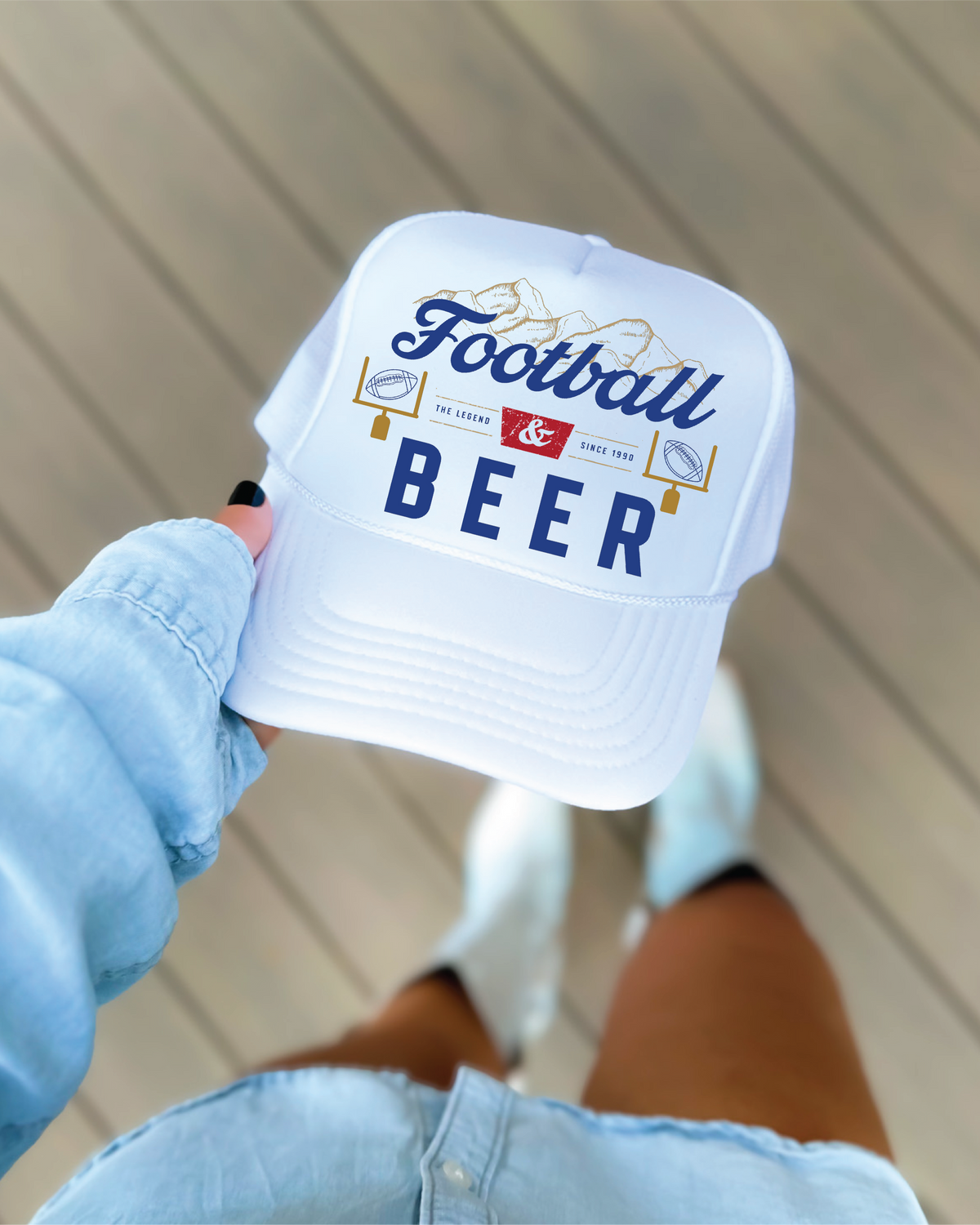 Football and Beer DTF Printed White Trucker Hat