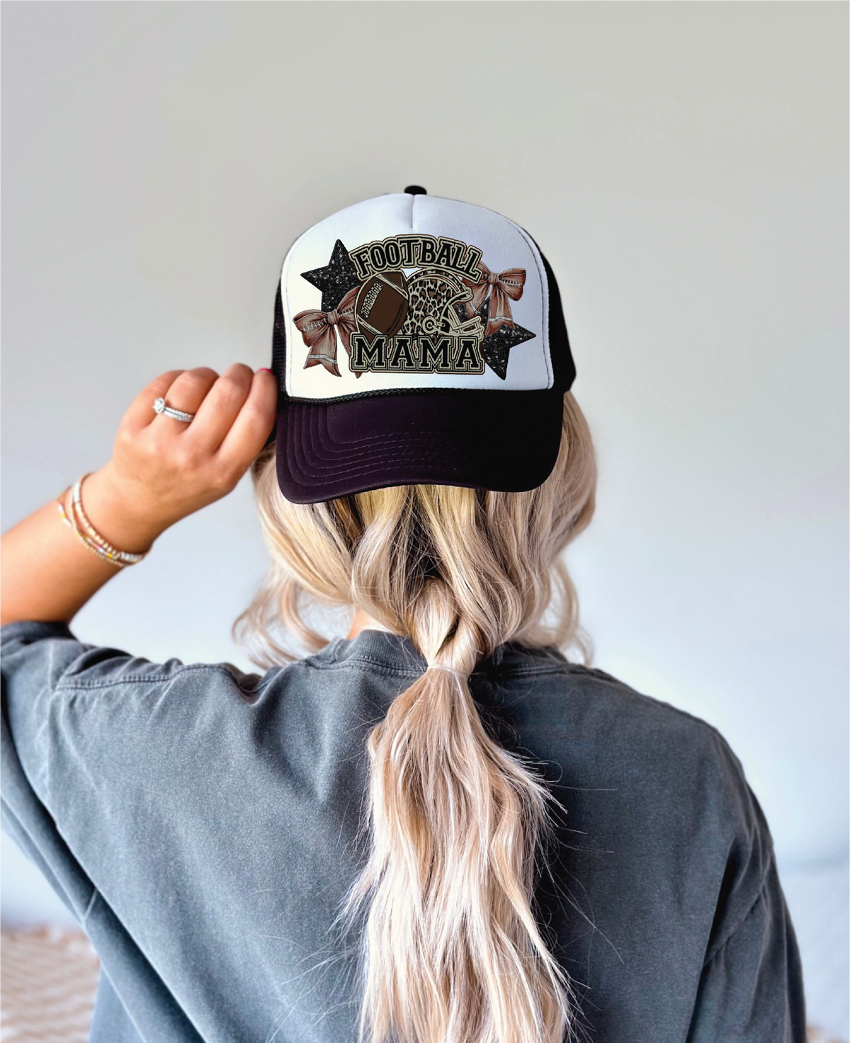 Football Mama DTF Printed Black and White Trucker Hat