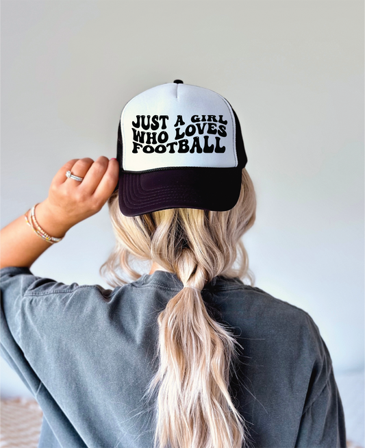 Just a Girl Who Loves Football DTF Printed Black and White Trucker Hat