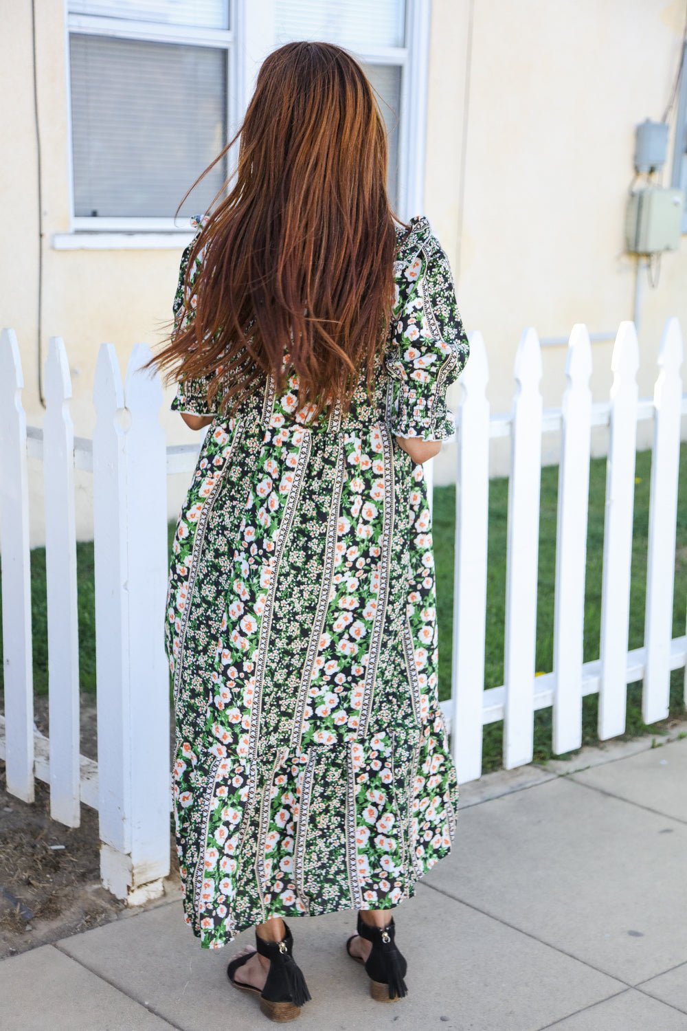 Hello Beautiful Black & Green Ruffled Notch Neck Babydoll Smocked Midi Dress - Southern Belles & Company Boutique