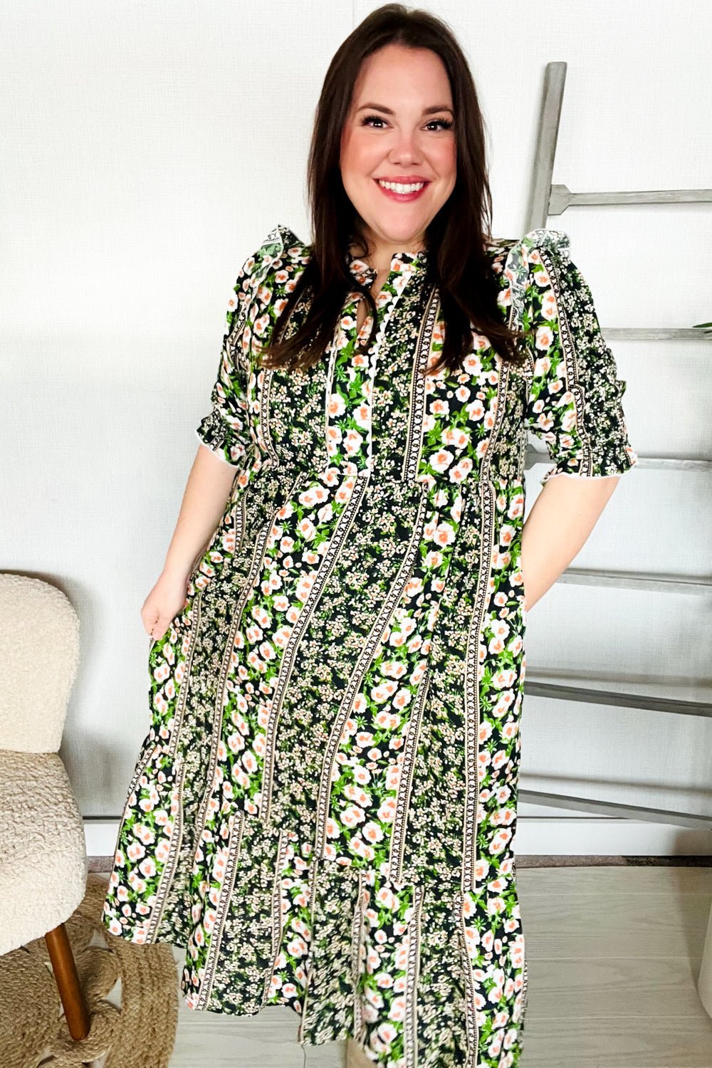 Hello Beautiful Black & Green Ruffled Notch Neck Babydoll Smocked Midi Dress - Southern Belles & Company Boutique