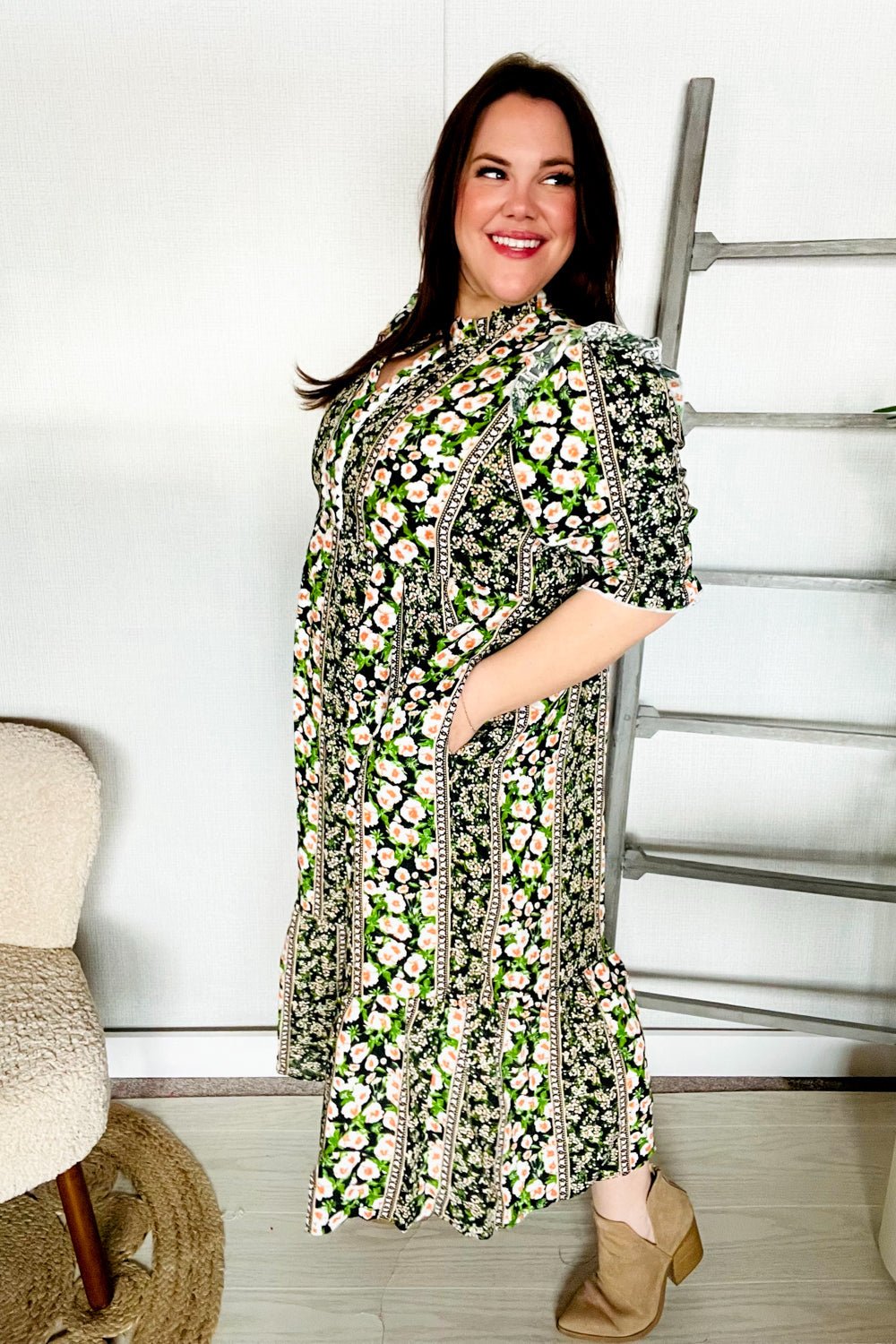 Hello Beautiful Black & Green Ruffled Notch Neck Babydoll Smocked Midi Dress - Southern Belles & Company Boutique
