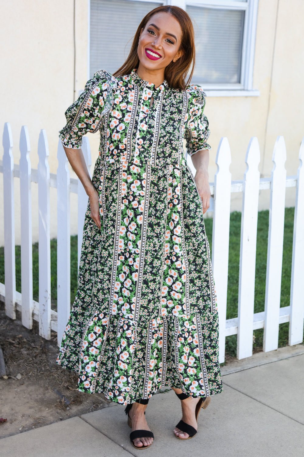 Hello Beautiful Black & Green Ruffled Notch Neck Babydoll Smocked Midi Dress - Southern Belles & Company Boutique