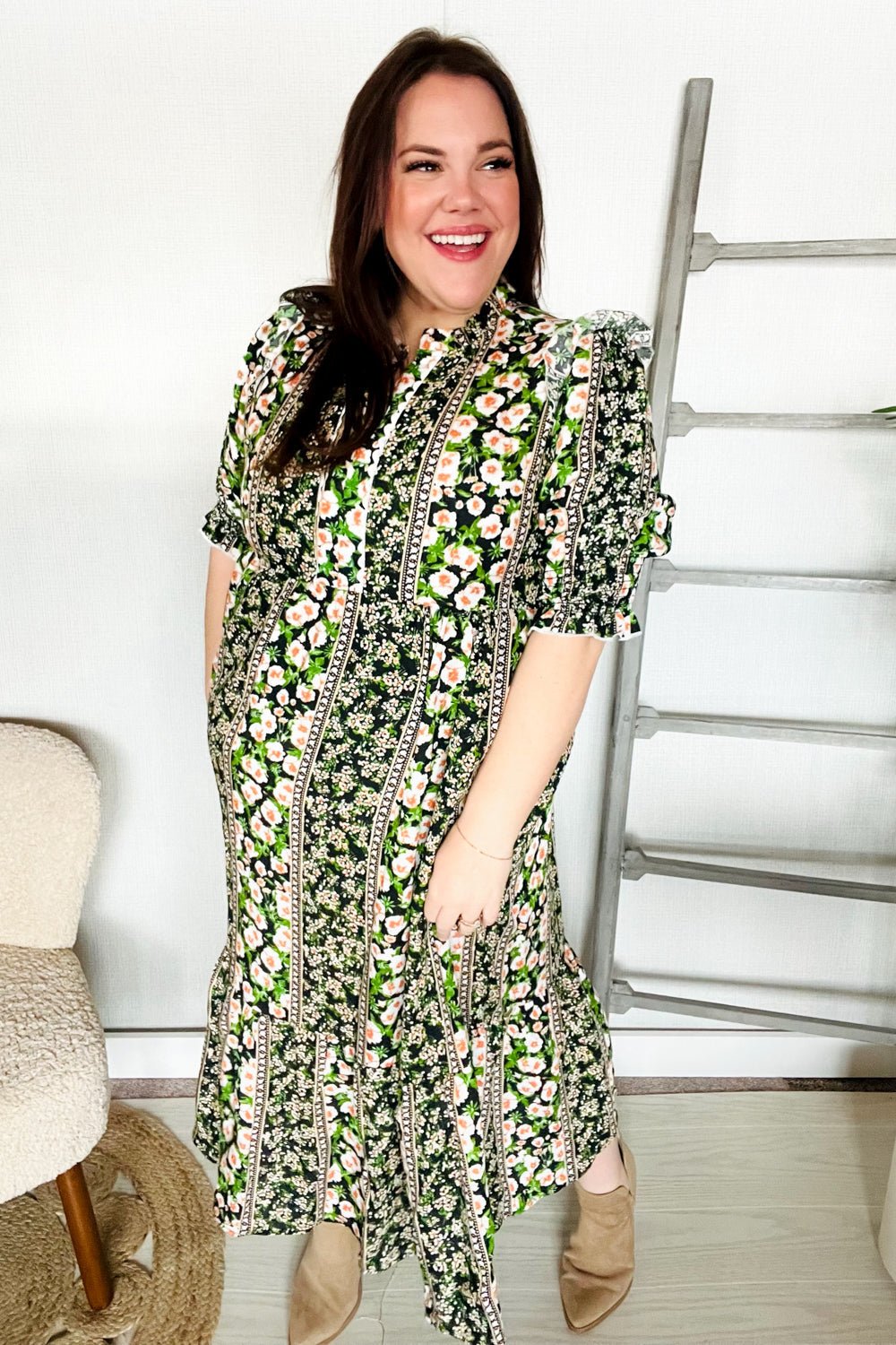 Hello Beautiful Black & Green Ruffled Notch Neck Babydoll Smocked Midi Dress - Southern Belles & Company Boutique