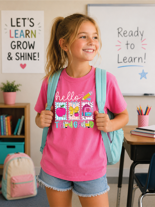 Girls Hello 3rd Grade Back to School Graphic Tee