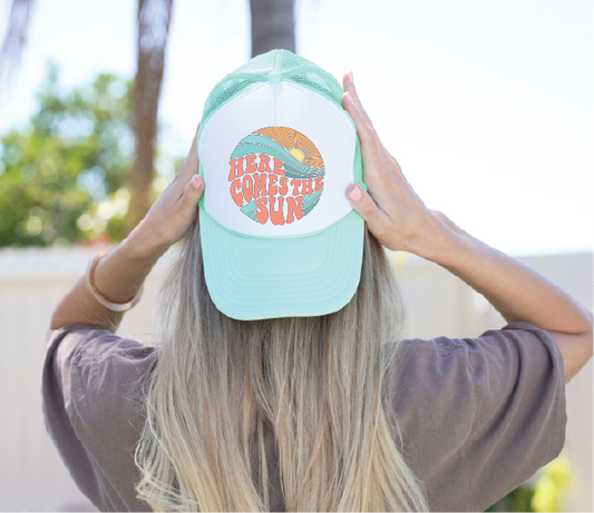 Here Comes The Sun - UNISEX Seafoam and White TRUCKER HAT