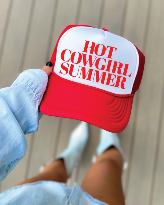 Hot Cowgirl Summer DTF Printed Red and White Trucker Hat