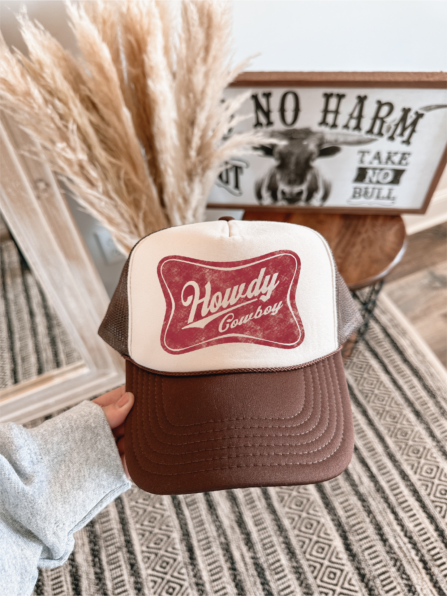 Howdy Cowboy DTF Printed Brown & Tan Trucker Hat