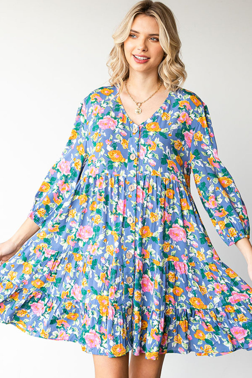 Boho Vibes Cotton Floral Button Down 3/4 Sleeve Tiered Dress