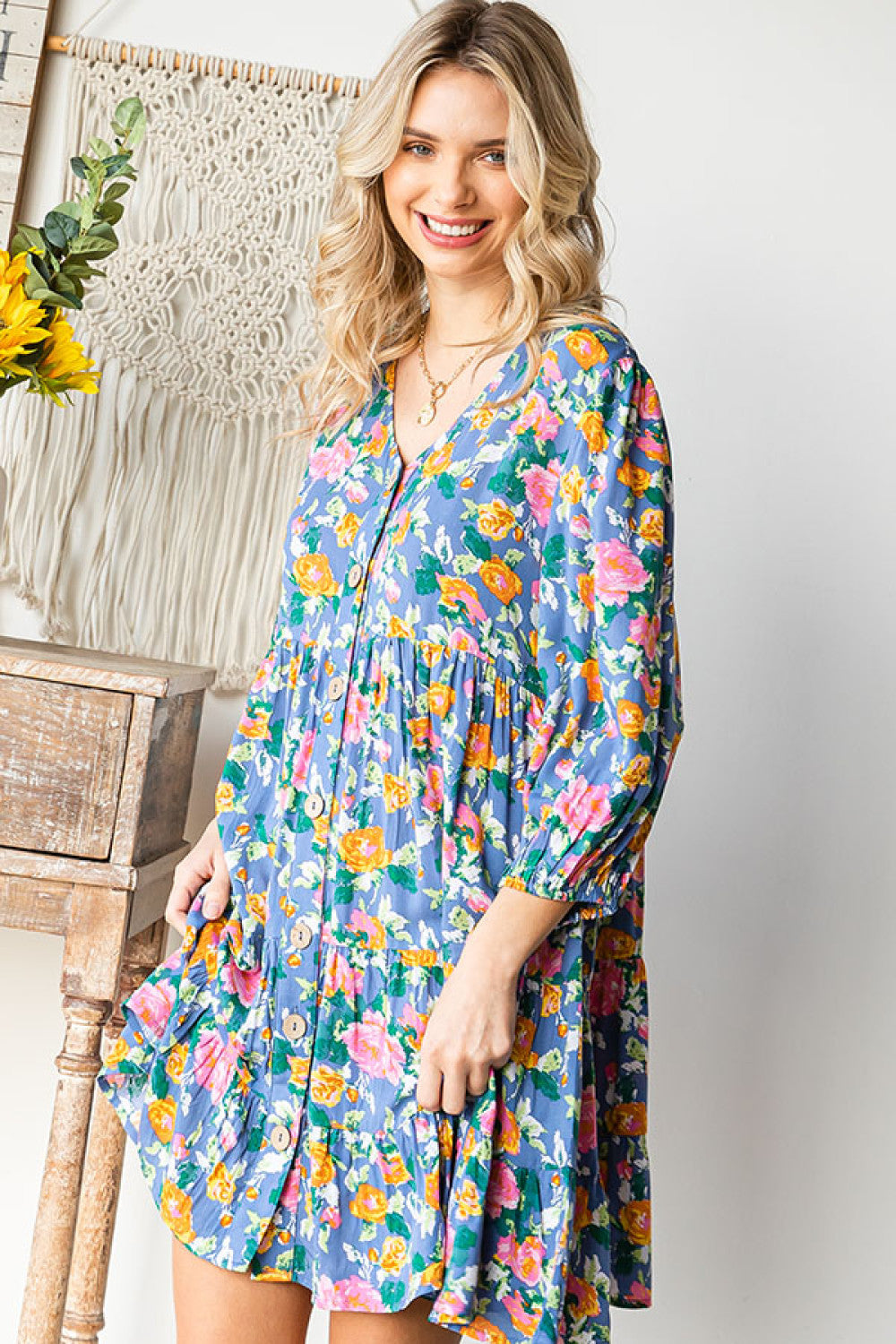 Boho Vibes Cotton Floral Button Down 3/4 Sleeve Tiered Dress