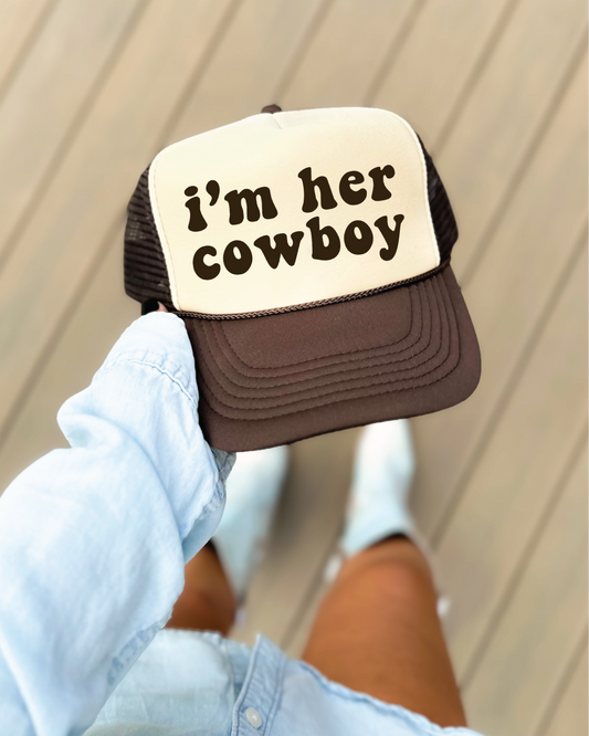 I'm Her Cowboy DTF Printed Brown & Tan Trucker Hat