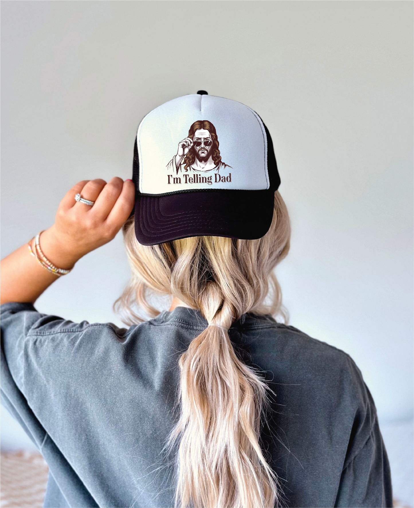 I'm Tellin Dad DTF Printed Black and White Trucker Hat