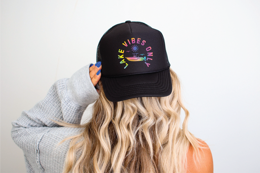 Lake Vibes Only DTF Printed Black Trucker Hat