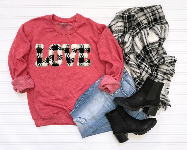 Love Plaid Faux Yarn  - UNISEX RED SWEATSHIRT