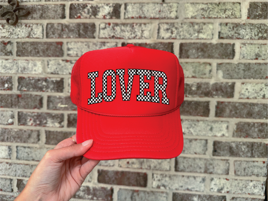 Lover Checkered DTF on Red Foam Trucker hat