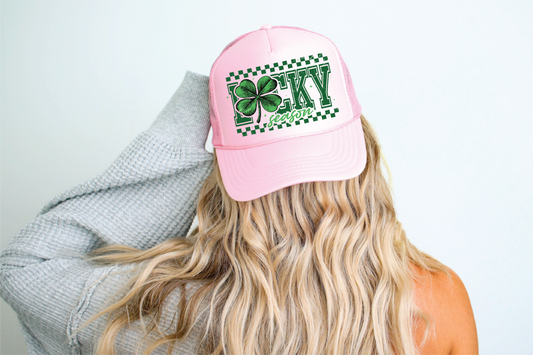 HD Custom- Lucky Season DTF Printed on a light pink foam Trucker Hat