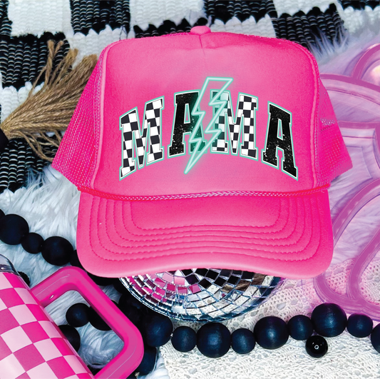 Mama Checkered Bolt DTF Printed Neon Pink Trucker Hat