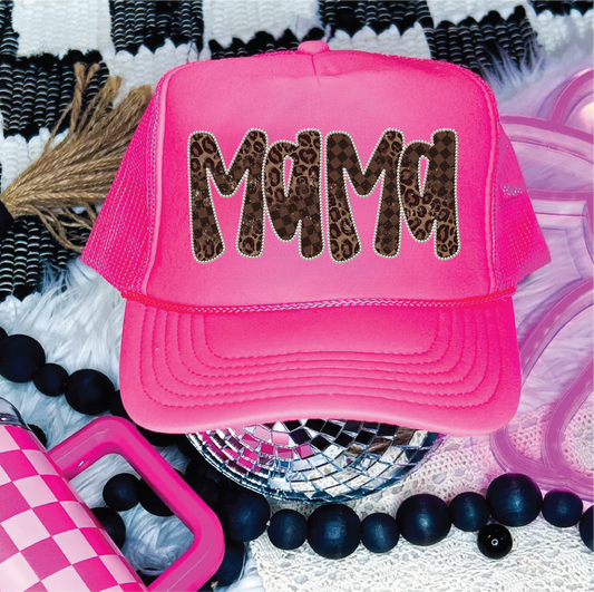 Mama Checkered Leopard-  DTF Printed Neon Pink Trucker Hat