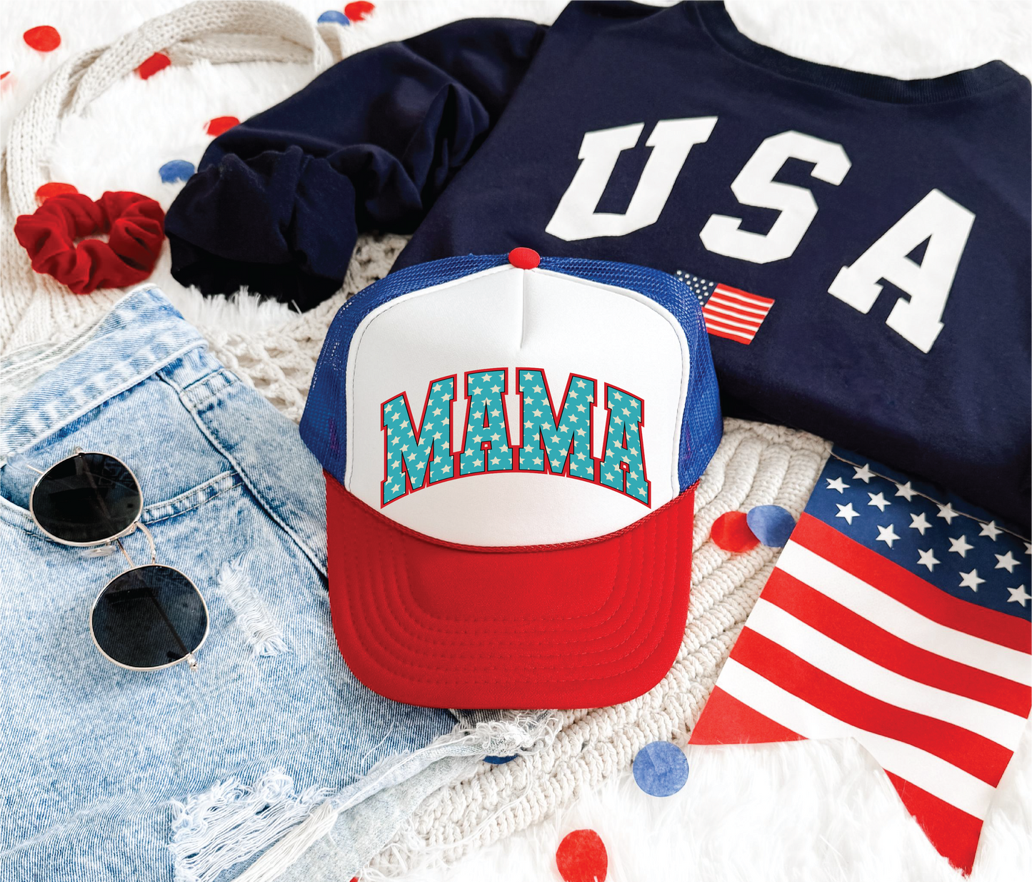Mama USA Stars DTF Printed Red White And Blue Trucker Hat