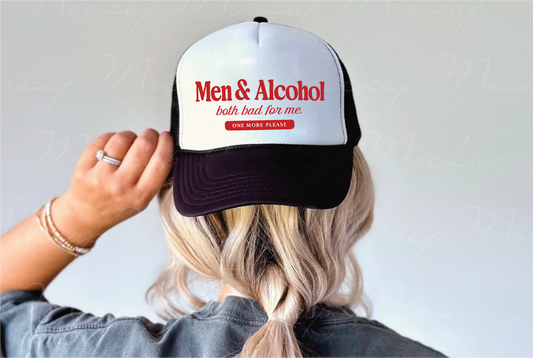 Men and Alcohol - UNISEX BLACK AND WHITE Trucker Hat