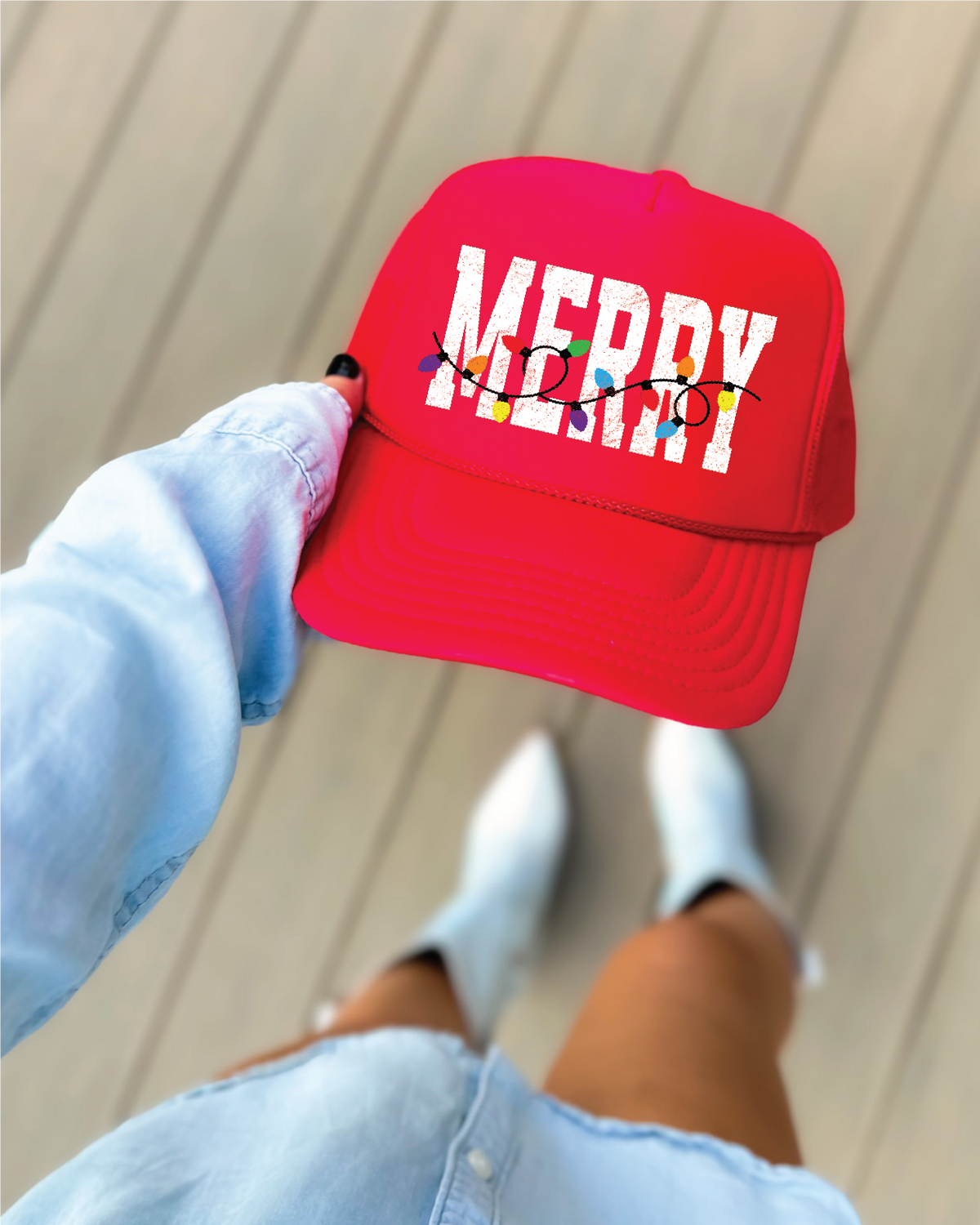 Merry Hat Christmas lights DTF on Red Foam Trucker Hat