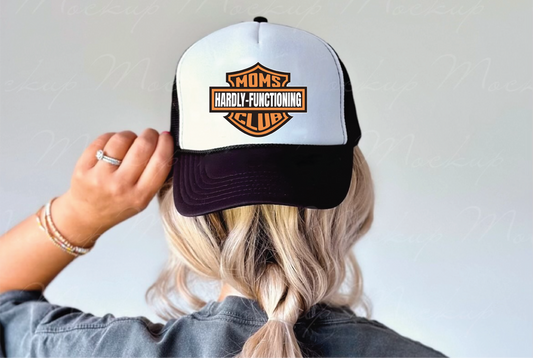 Moms Hardly Functioning Club- UNISEX BLACK AND WHITE Trucker Hat