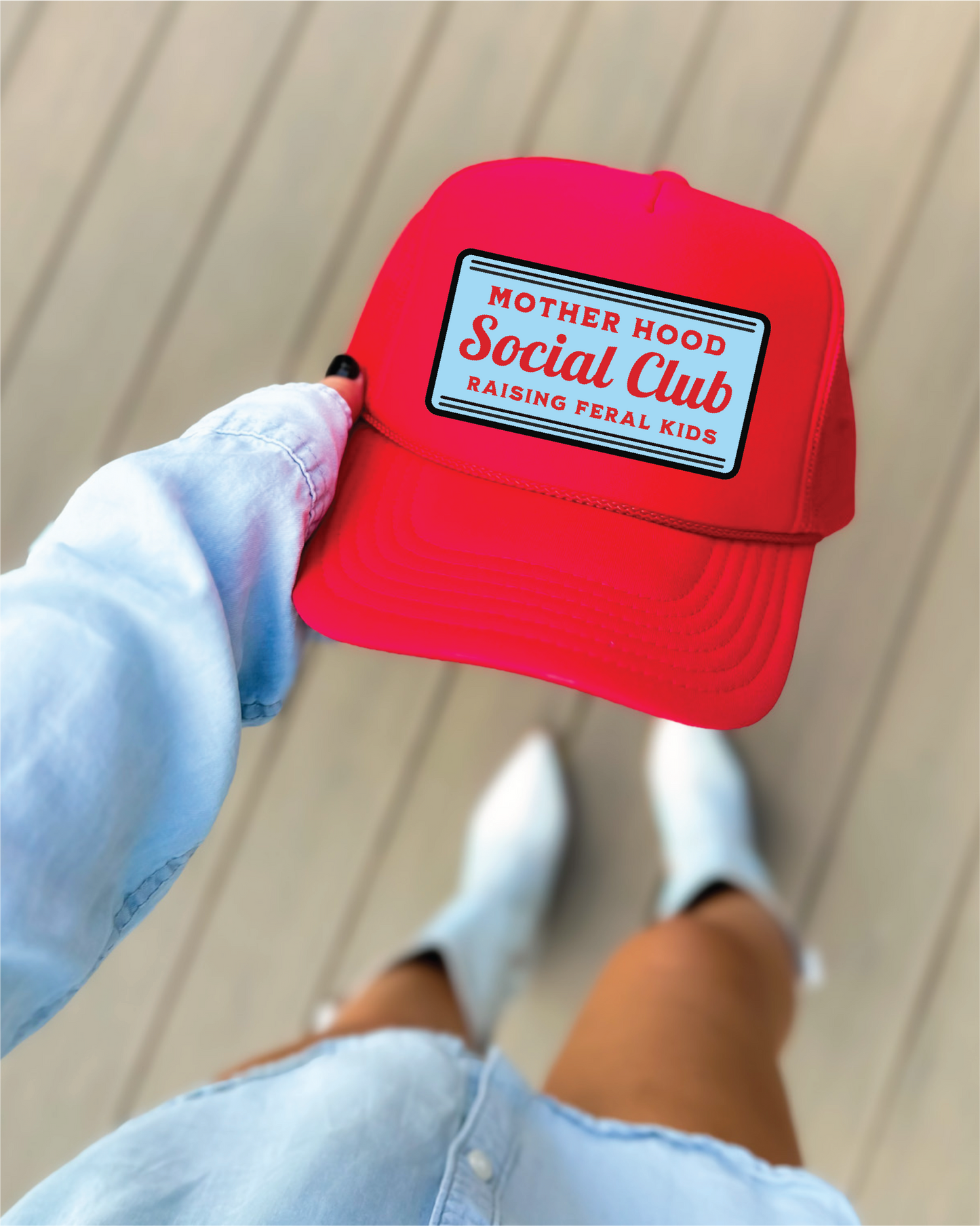 Motherhood Social Club DTF Printed Red Trucker Hat