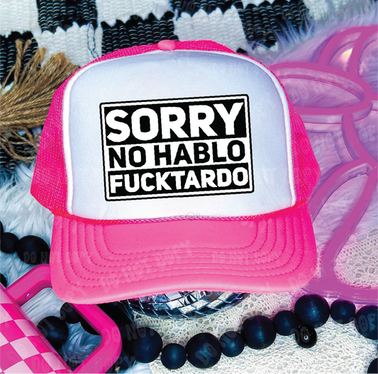 No Hablo DTF Printed Neon Pink and White Trucker Hat