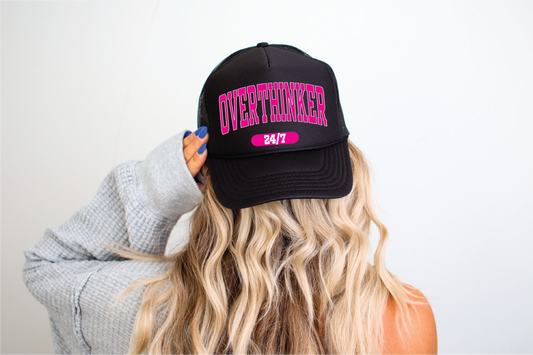 Overthinker 24/7 DTF Printed Black Trucker Hat