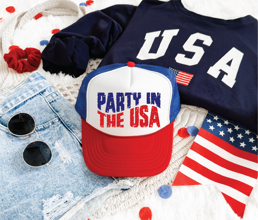 Party in the USA DTF Printed Red White And Blue Trucker Hat