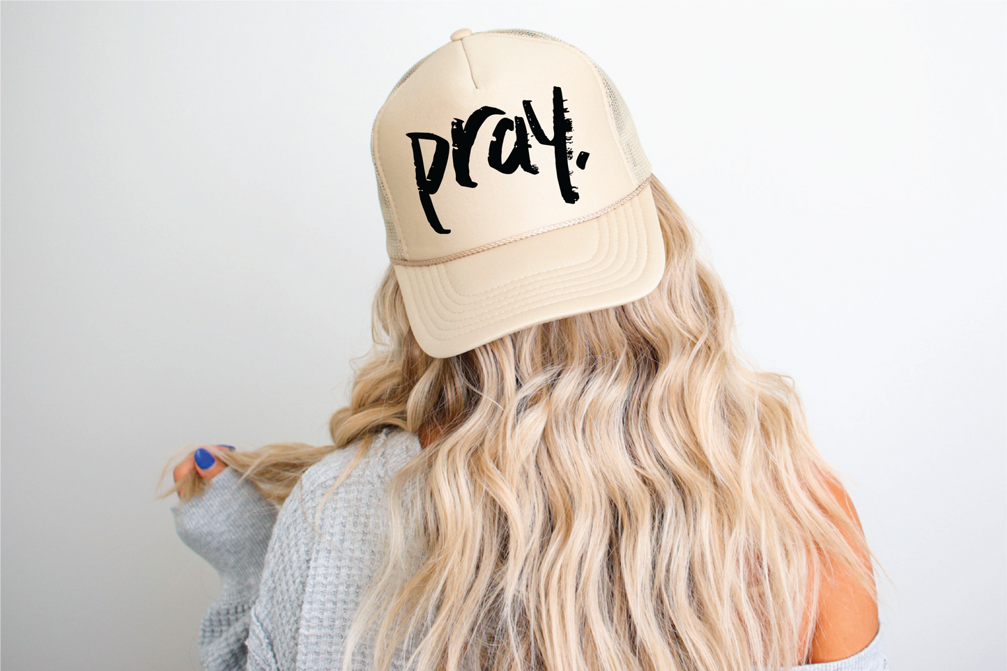 Pray DTF Printed Tan Trucker Hat