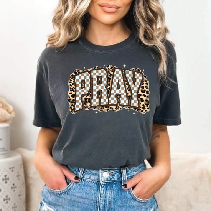 Pray Checkered Leopard Graphic Tee