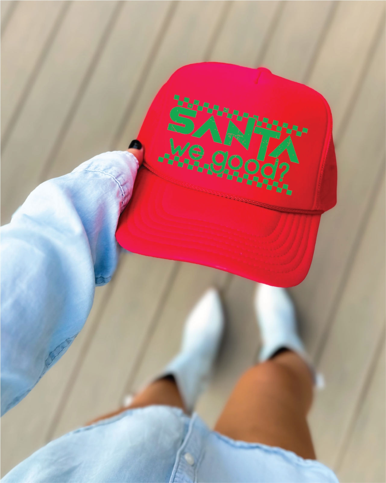 SANTA WE GOOD DTF on Red Foam Trucker Hat