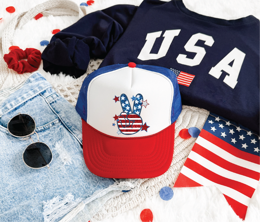 American Peace Sign Faux Sequin DTF Printed Red White And Blue Trucker Hat