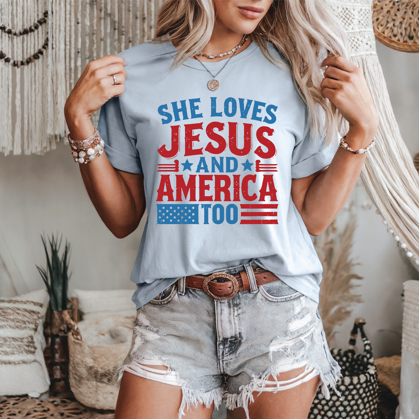 She Loves Jesus and America Too Patriotic Tee